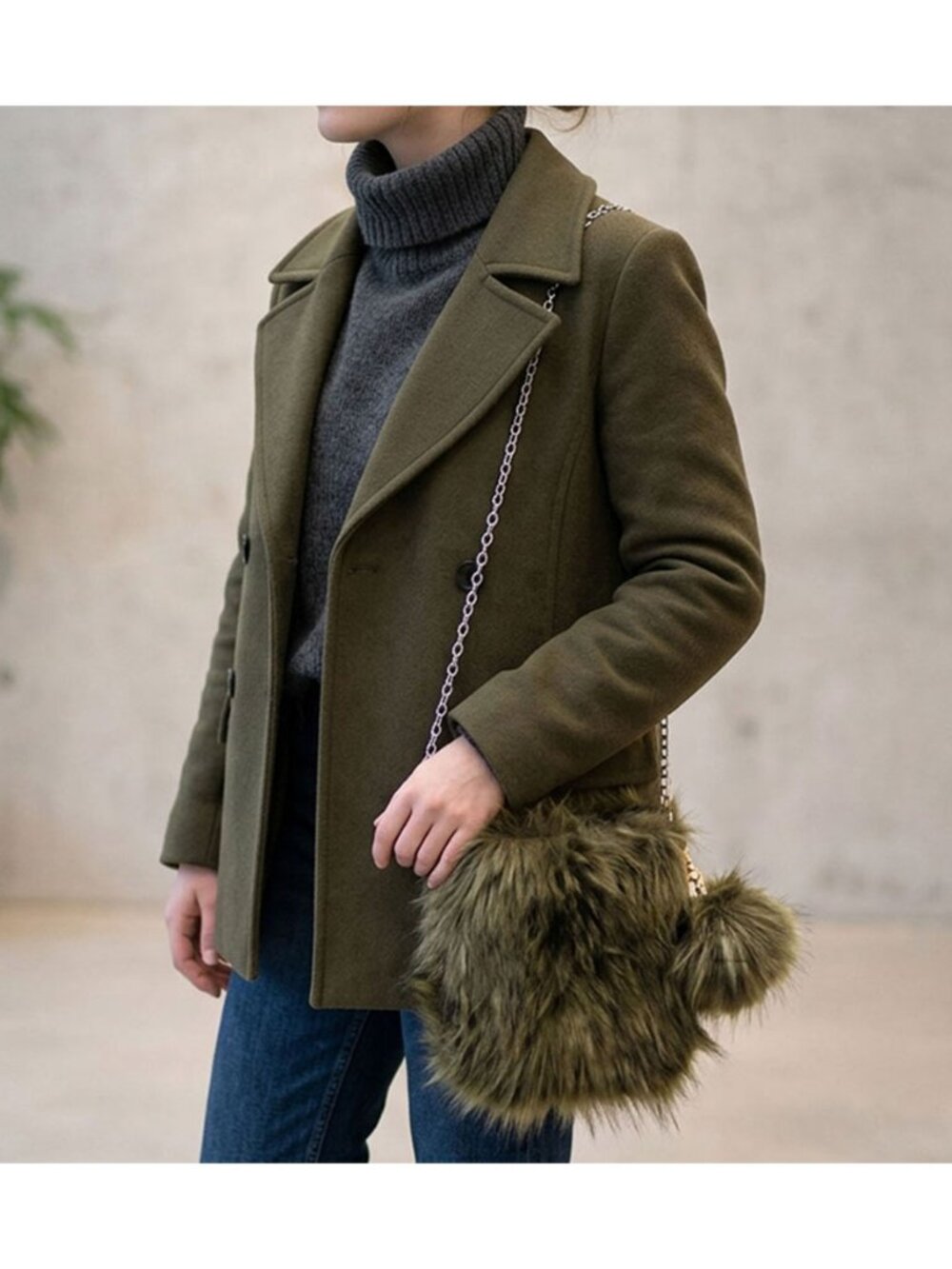 Tigerstars Olive Green Fluffy Faux Fur Pom Pom Square Crossbody Clutch Bag